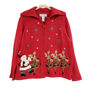 Vintage 2004 Ugly Christmas Sweater Embroidered Santa Reindeer Snowflake Medium